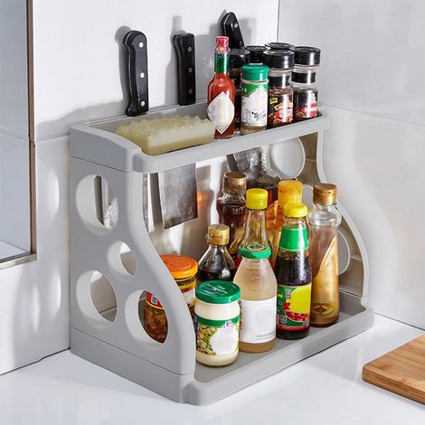 Rack Épices - 2 Niveaux - Support Couteaux Intégré - Pour Comptoir Cuisine Bureau Table à Café - Plastique Gris - 34 x 30,5 x 21 cm - 1 Pièce (1/5)