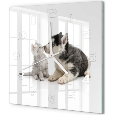 Horloge Murale Carrée Moderne Verre Trempé Quartz Silencieux Sans Tic-Tac Chien et chat 30x30 cm (1/5)