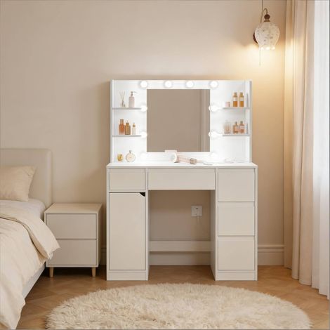 Tocador (110x40x140 cm), con espejo, luces regulables, enchufes, madera y vidrio, blanco (1/5)