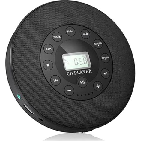 Reproductor de CD portátil con sistema anti-salto y altavoz MP3, compatible con grabación de micrófono incorporado.
