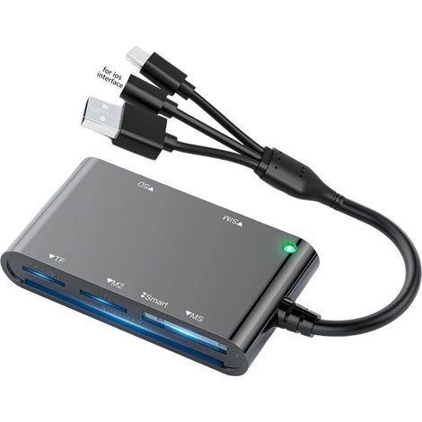 Lecteur de carte à puce 7 en 1 avec port Lightnings/USB-C/USB-A - Lecteur de carte mémoire Plug and Play pour iPhone, iPad, MacOS, Windows, ordinateur portable