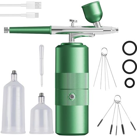 Kit aérographe avec compresseur, aérographe portable sans fil, pistolet aérographe portatif multifonction, pour nail art, décoration gâteaux, maquillage, coloriage modèles, modelage tatouages (vert) (1/5)