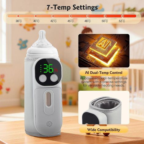 Chauffe-biberon portable sans fil avec commande vocale et veilleuse, 7 niveaux de température, sans eau, rechargeable et à chauffage rapide pour la maison, les voyages et les sorties. (1/5)
