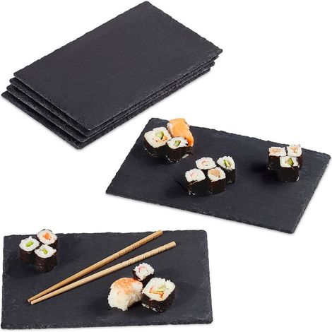 Plateau en ardoise, lot de 6, 26 x 16 cm, assiette de présentation, rectangulaire, plat de service, anthracite (1/5)