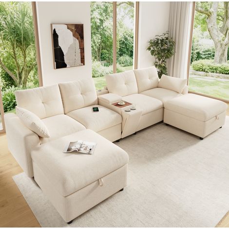 Divano angolare modulare 6 posti 316x140x84.5 cm, forma U o L, 2 pouf contenitore, console con USB e Type C, chenille beige (1/5)