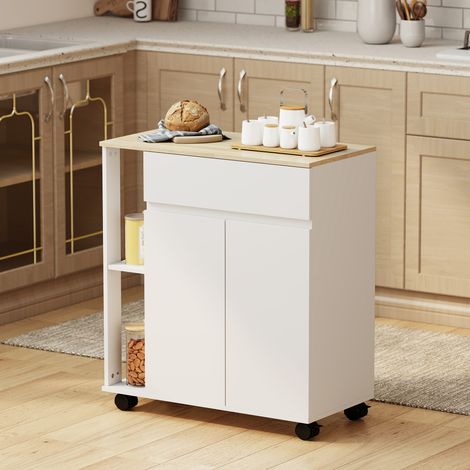 Carrello Cucina con Cassetto, Armadietto e 2 Ripiani Laterali, in Legno, 78x39.5x88.5 cm, Bianco e Rovere (1/5)