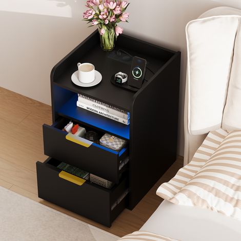 Table de Chevet - 60x40x40cm - Table de Nuit Design Nordique avec LED RGB, Prises USB et Tiroirs Cachés - Noir (1/5)