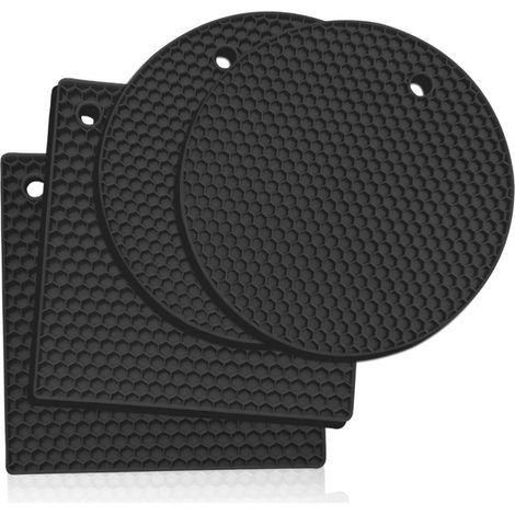 Sous-Plat en Silicone: 4 pcs de sous Plats Multi-Usage – Tapis en Silicone Thermiques résistantes à la Chaleur - pour Ouvrir bocaux, Support à Couverts, Gants de Four, Manique - Noir (1/5)