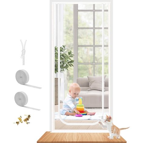 Dicke Fliegengittertür für Haustiere für Wohnzimmer, Terrasse, kratzfeste Fliegengittertür für Hunde und Katzen mit Reißverschluss (70L x 200H, weiß)