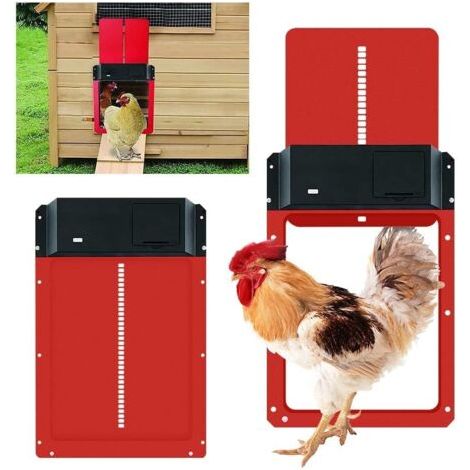 Kit de porte de poulailler automatique, porte de poulailler automatique à piles avec minuterie et capteur de lumière (rouge) (1/4)