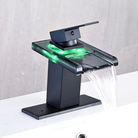 Robinet de lavabo de salle de bain à LED, cascade d'eau chaude et froide, poignée monotrou avec 2 conduites d'eau, bec en verre (noir) (1/5)