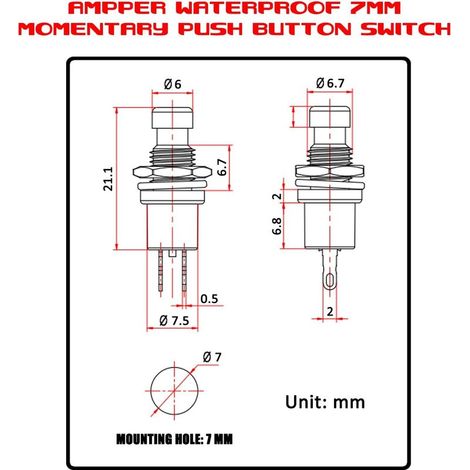 MINI-Momentan-Drucktaster, Ampere 2 Pin Ein Aus 1A 250V AC 7MM Runde SPST Normal Offene Momentan-Drucktaster (Rot, 20er-Packung) (1/5)