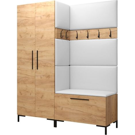 Meuble d'entrée Nomal I, Craft chêne, 196x158x44cm, Faux cuir, Stratifié, Murale, À poser