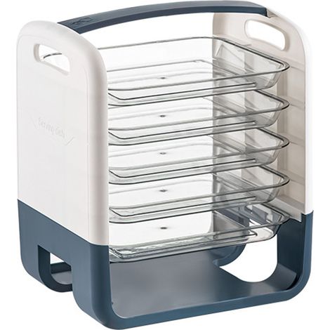 Étagère de préparation des plats à quatre niveaux avec tiroir intégré, en plastique bleu. Étagère de rangement pour la cuisine, idéale pour la préparation des légumes. (1/5)