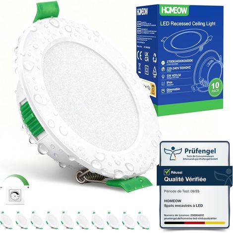 Lot de 10 Spot LED Encastrable Dimmable 5W, Spot LED Encastrable 68mm - 80mm Découpe, Blanc Chaud 2700K Blanc Neutre 4000K Blanc Froid 6000K Réglable Spot Salle de Bain IP44 pour Salon Cuisine