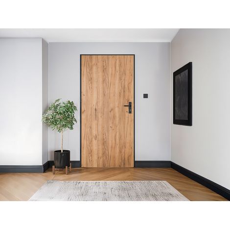 Vente-Unique – Porte d'entrée acier pleine et inox 207 x 100 cm – épaisseur 68 mm – 3 points de verrouillage – poussant droit – effet chêne (1/3)
