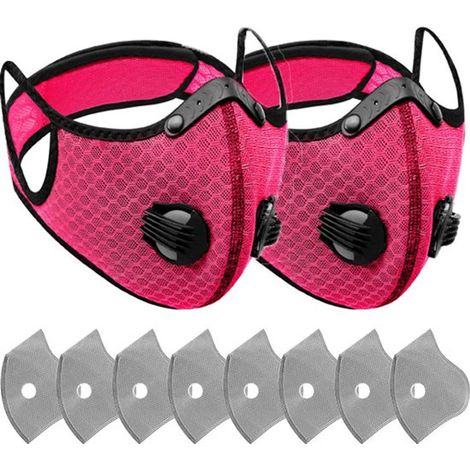 Masque respiratoire réutilisable 2 pièces - Avec filtres à charbon actif contre la poussière et la pollution - Idéal pour le travail du bois et la tonte de pelouse - Rose rouge (1/5)