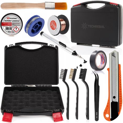 Set di accessori per saldatura: 3 pennelli + custodia + flussante + coltello + nastro adesivo + filo + pinzette + stagno + pennello + pinza