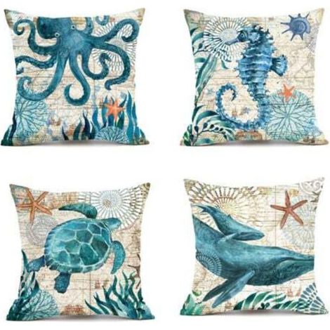 45x45cm Outdoor Kissenbezug, 4er Set Wasserdichtes Blaues Meeresleben Muster Sofa Kissenbezug für Terrasse Garten Wohnzimmer Schlafzimmer Dekoration