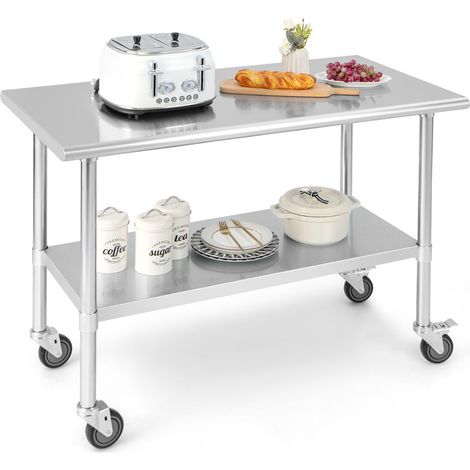 Table de travail en acier inoxydable 122 x 61 x 90 cm à roulettes réglable et robuste pour cuisine design en argent