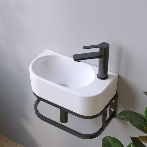 Waschbecken Waschtisch Hängewaschbecken aus Keramik Handwaschbecken Weiß Oval Badezimmer Gäste WC Hahnloch Rechts mit Stockschrauben ohne Überlauf - 40 x 21,5 x 10,5 cm