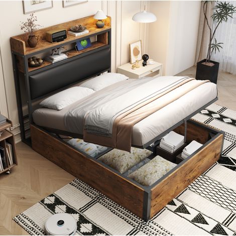 Bett mit Stauraum Metall, Holz und Stoff Schwarz 90x200 cm mit hydraulischem Hubmechanismus und USB (1/5)