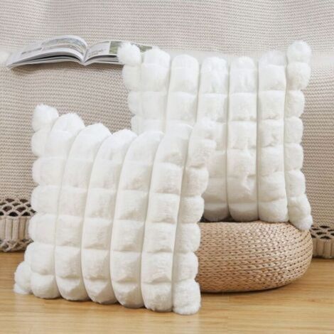 Lot de 2 À Carreaux Housses de Coussin en Peluche en Fausse Fourrure Housse de Coussin décorative Douce moelleuses pour Coussin de Chambre à Coucher de canapé Blanc crème 45x45 cm