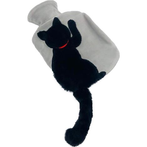 Gourde isotherme noire avec housse en peluche - Motif chat mignon - Douce - Soulage les crampes et les douleurs - 1000 ml