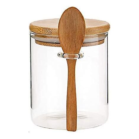 Boîte alimentaire hermétique en verre avec couvercle en bois à roulettes, récipient de rangement pour bonbons, boîte en bambou et cuillère en bois. (1/5)