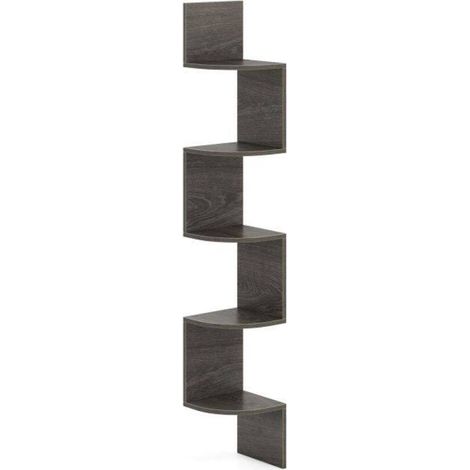 Pour salon et chambre : Bibliothèque d'angle suspendue 5 étages, meuble de rangement mural, bords arrondis, aspect chêne (1/5)
