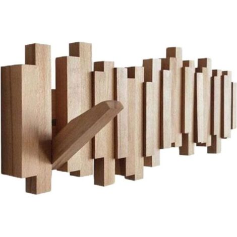 Porte-manteau mural en bois massif design touches de piano avec 8 crochets, modèle pliable moderne résistant à l'humidité (1/5)