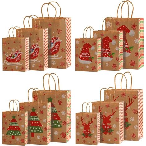 Bolsas de regalo navideñas, 12 bolsas de papel kraft con asas, bolsas navideñas grandes de papel kraft, 3 tamaños diferentes, bolsas de regalo, bolsas de dulces para cumpleaños, Navidad, fiestas de té (1/4)