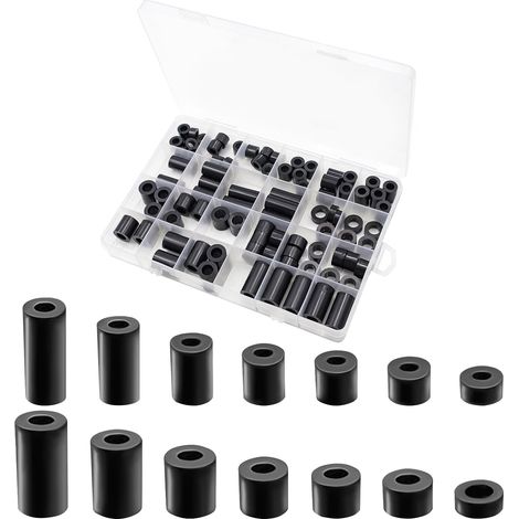 CONNECTION 90 Pièces Entretoises Rondes En ABS pour Vis M6 M8 Rondelle Entretoise Plastique Kit De Rondelles D'espacement Rondes Avec Boîte De Rangement pour électroniques Ingénierie Mécanique (Noir) (1/5)