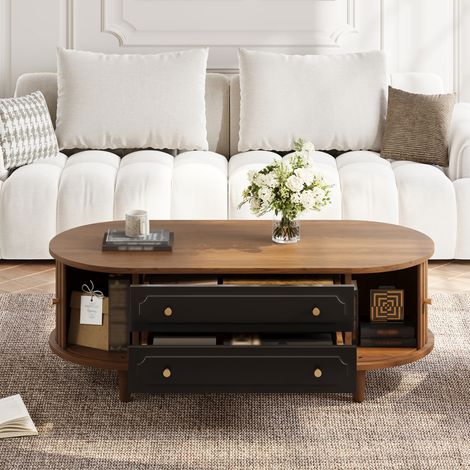 Table basse 100x50x36 cm couleur noyer en panneau de particules avec 2 tiroirs, 2 portes roulantes et 4 pieds (1/5)