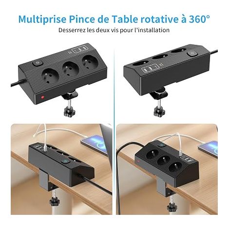 Multiprise Bureau 7 Bloc Prise avec 3 Prises AC Françaises, 4 Ports USB (Dont USB-C 20W), Interrupteur, Protection Anti-Surtension, Câble 2m, 4000W/16A Multiprise pour Maison et Bureau (1/4)