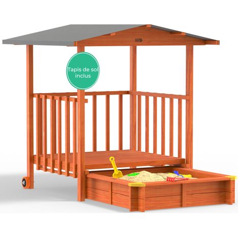 Bac à sable en bois d'épicéa avec toit réglable UV – Dimensions 95x95x20 cm – Tapis de sol inclus – Installation rapide – Spielwerk