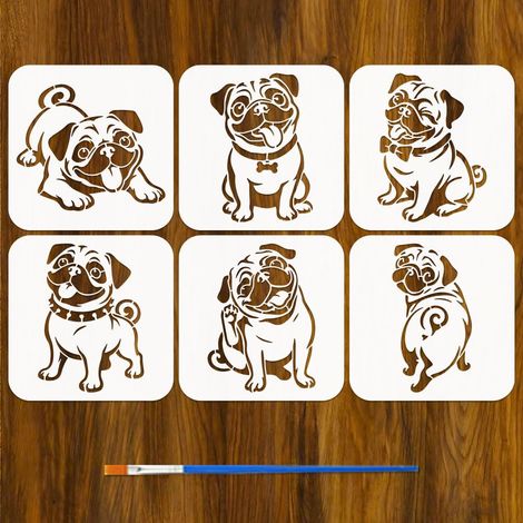 6 Pcs Pochoirs de Carlin avec un Pinceau 15x15cm Pochoirs Chien Pochoir Peinture Carlin Heureux Réutilisable Pochoir Chien Mignon Thèmes Animaux PET pour Bois Sol Carrelage Mur Tissu DIY (1/5)
