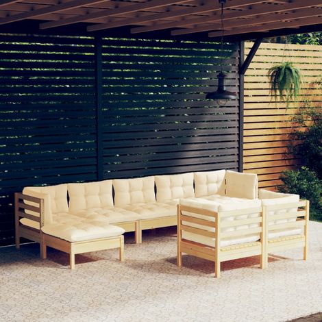 Salon de jardin 9 pcs,Mobilier de terrasse,Table et Chaise pour Relax avec coussins crème Bois de pin solide -YZ478054 (1/5)