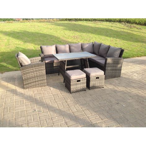 9 Seater High Back Dark Mixed Grey Rattan Corner Sofa Set Outdoor Furniture Rectangular Dining Table 2 Footstools Chair (1/2)