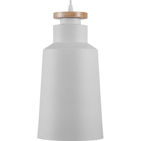 Lampadario in Metallo Bianco e Legno con Paralume a Forma di Cilindro Neva
