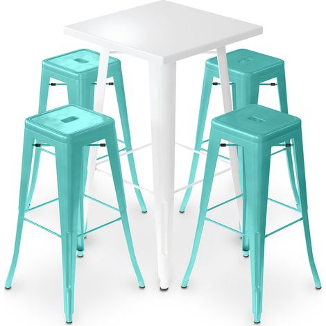 Pack Tabouret de Table Blanc et Pack de 4 Tabourets de Bar - Design Industriel - Métal - Nouvelle Edition - Bistrot Stylix Vert pastel
