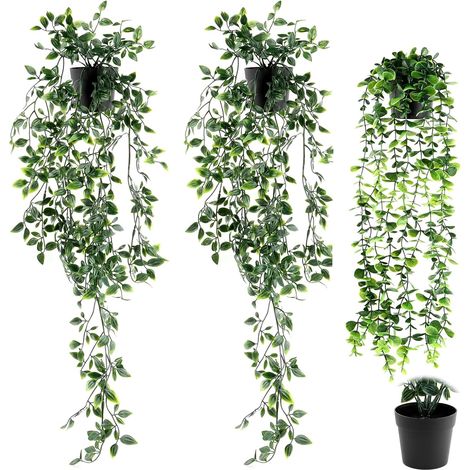 Plante Artificielle Tombante 3 Pièces, Fausse Plantes avec Pots Plantes Artificielles Suspendues Extérieure Intérieure Decoration pour Célébration Cuisine Jardin Bureau (Vert) (1/5)