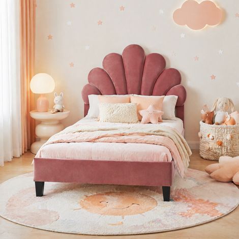 Letto imbottito per bambini 90x200 cm, con testiera a fiore e rete a doghe, in velluto rosso, senza materasso (1/5)