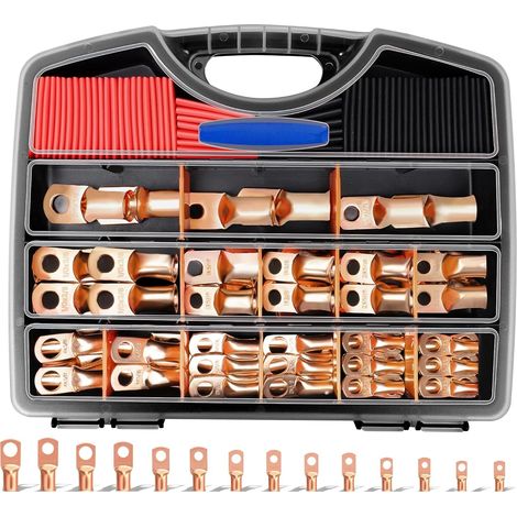120PCS Batterie Cable Ends AWG 1 2 4 6 8 1/0 2/0 Gauge, 60PCS Heavy Duty Copper Wire Lugs Kit, Assortiment de connecteurs de borne de câble de batterie avec tuyau rétractable 60PCS 3:1 (1/5)