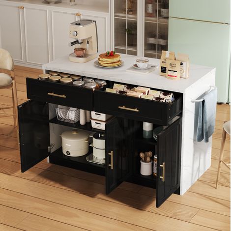 Isola cucina 120/60/91 cm nera con penisola bar, cassetti, porte e prese USB (1/5)