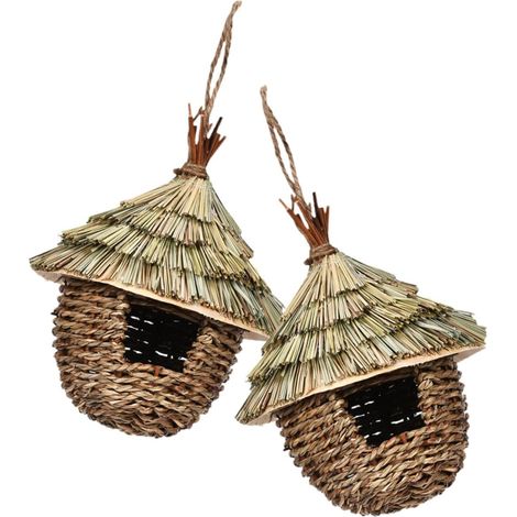 Lot de 2 nids d'oiseaux en paille tressée à la main – Nichoir suspendu, nid raffiné pour perroquet, accessoire pour perroquet – Nid rustique en herbe convenant aux perruches et aux perroquets (1/5)