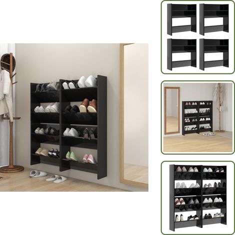 Estantes para zapatos - vidaXL Zapateros de pared 4 uds contrachapada negro brillo 60x18x60 cm - Armario de pared