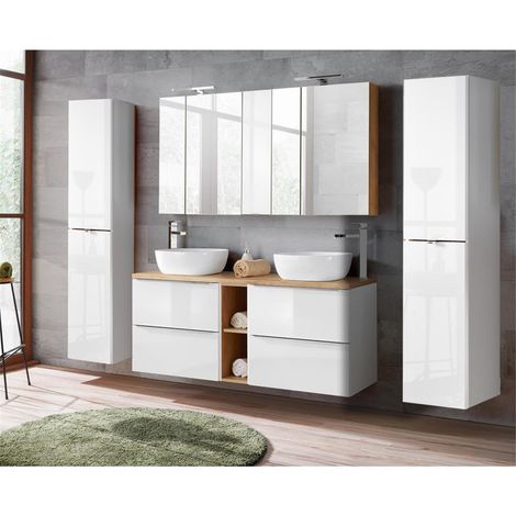 Badezimmermöbelset mit Doppel-Waschtisch inkl. 2 Keramik-Aufsatzbecken TOSKANA-56 Hochglanz weiß/Wotaneiche BxHxT ca. 250/190/46cm (1/5)
