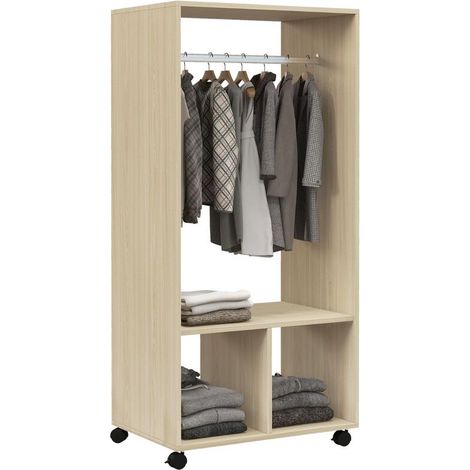 Armoire à roulettes en bois naturel avec barre et étagères pour vêtements suspendus et pliés 60x40x128 cm (1/5)