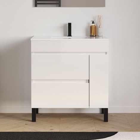Meuble de salle de bain 70cm simple vasque sur pieds avec porte et tiroirs - sans miroir - blanc brillant - LAZARO (1/5)